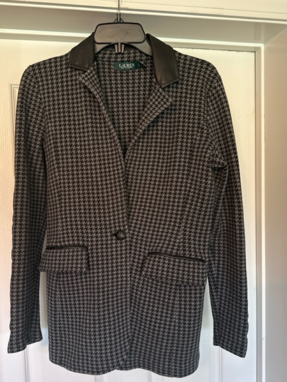Lauren Ralph Lauren Houndstooth Blazer Faux Leather Trim Equestrian Preppy S - Picture 2 of 8